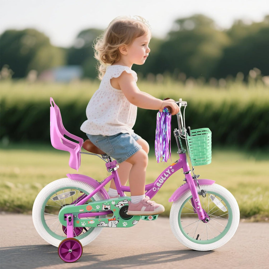 RULLY 12 14 16 Inch Girls Bike with Doll Seat Basket and Training Wheels for 2-6 Years Children