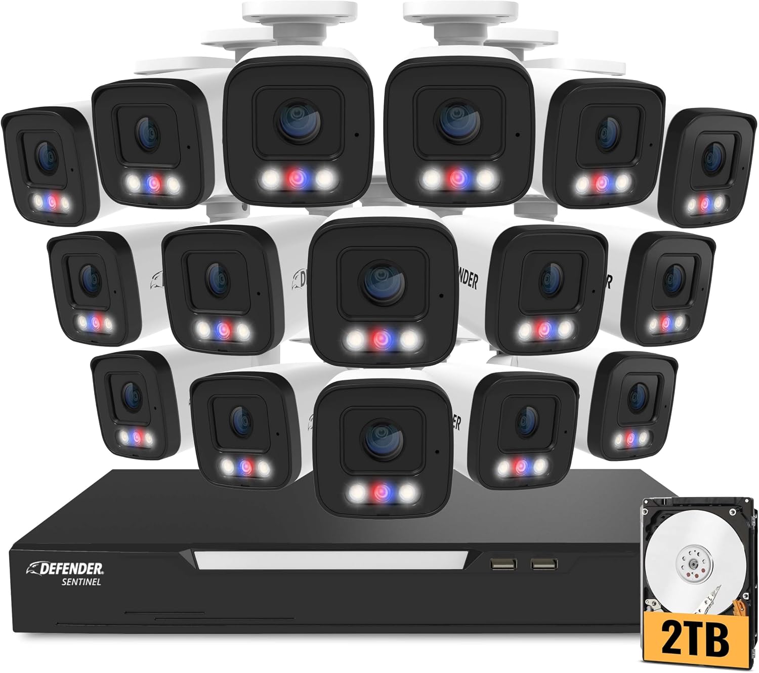 Defender AI Powered Sentinel 4K 16CH PoeE Security Camera System, 16pcs NVR Metal Outdoor Surveillance Cameras, 2TB HDD, SMART AI Human Detection, Blue/Red Lights, Works w/Empower App