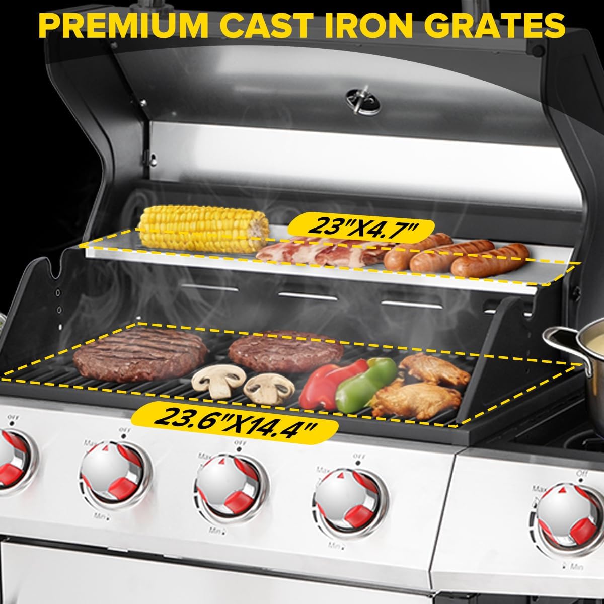 CIG GARDEN Dual Fuel Grill Combo, Propane & Charcoal BBQ with 52,000 BTU, 2 Side Shelves, Cast Iron Grid & Griddle Plate, Outdoor Grill for Patio, Backyard, Garden, Silver & Black