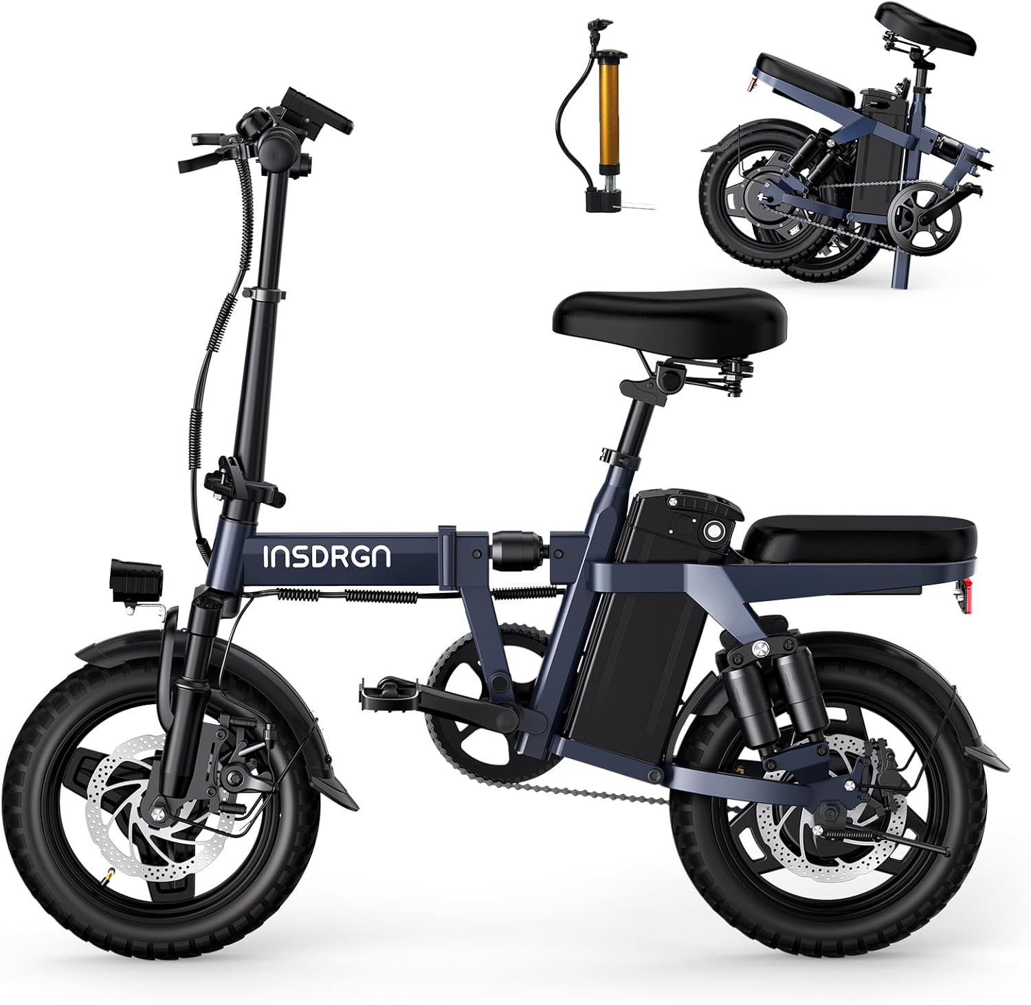INSDRGN Electric Bike for Adults and Teens, 14' Folding E Bikes, 650W Peak Motor, 48V 499Wh/768Wh Removable Battery, 28-50 Miles PAS Range, 20MPH Electric Mountain Bike, 9 Shock Absorbers, UL 2849