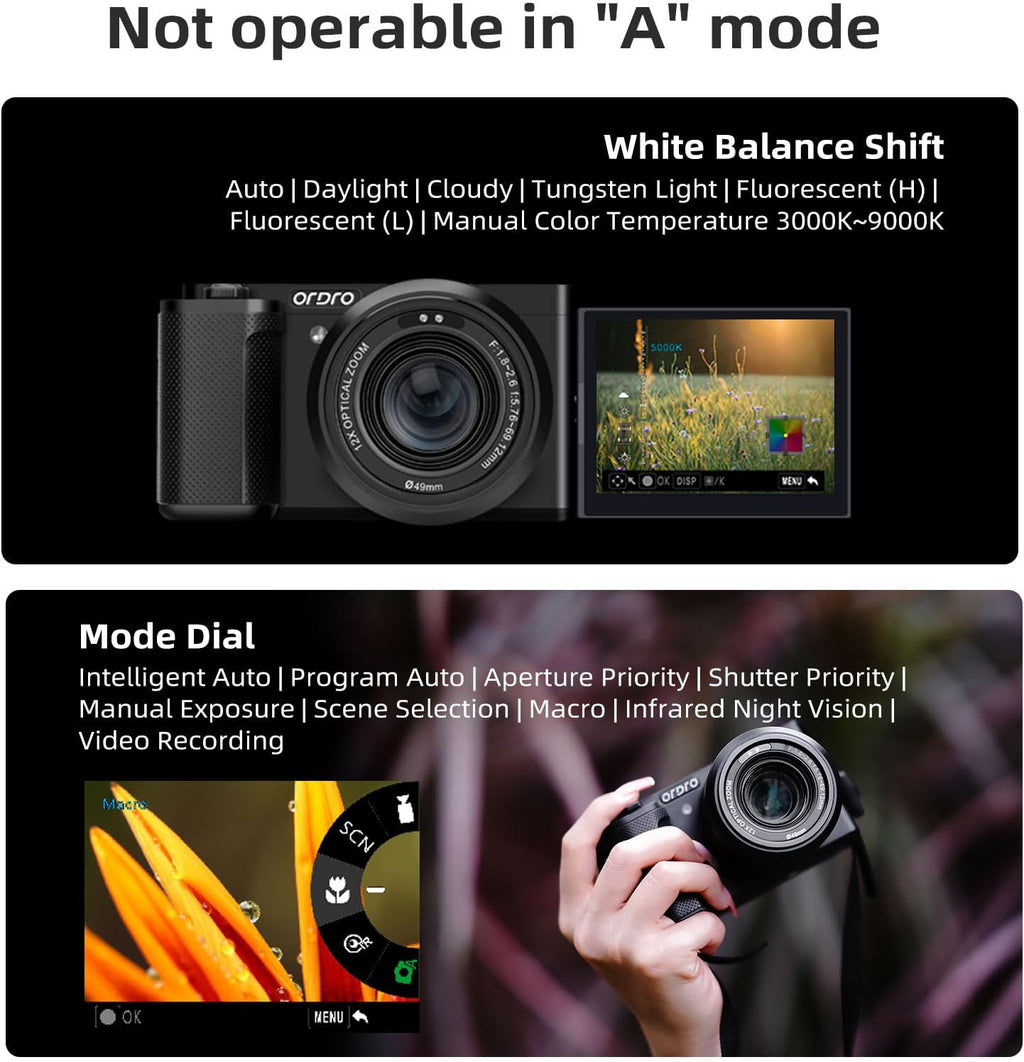 ORDRO 5K Digital Cameras for Photography - 64MP 12X Optical Zoom Travel Content Creator Camera & YouTube Vlogging Camera with Flip Screen, Microphone & Tripod Grip, 64GB Memory Card