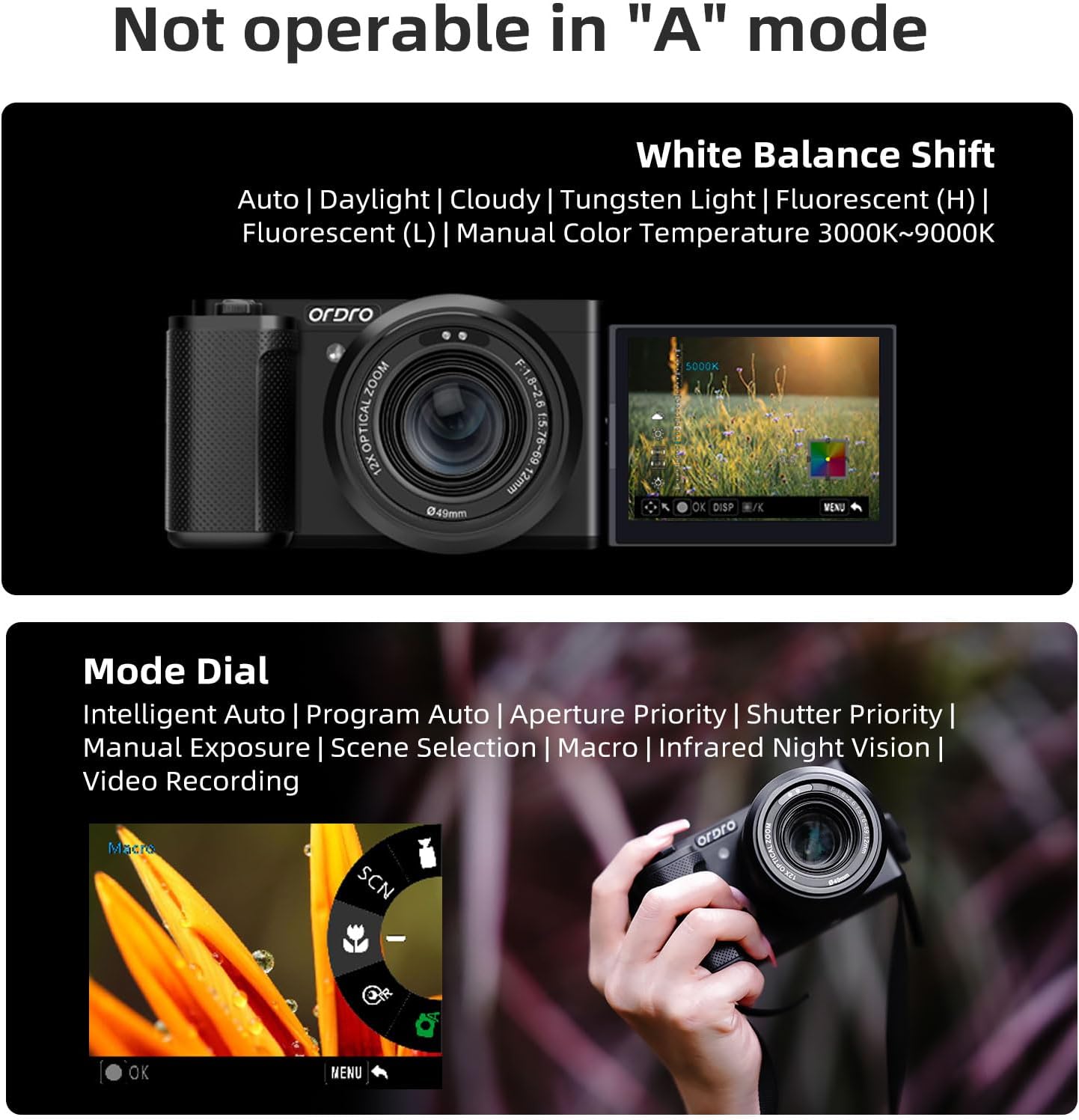 ORDRO 5K Digital Cameras for Photography - 64MP 12X Optical Zoom Travel Content Creator Camera & YouTube Vlogging Camera with Flip Screen, Microphone & Tripod Grip, 64GB Memory Card