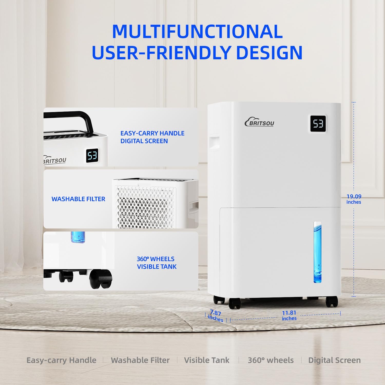 50 Pints Dehumidifier for Basement with Drain Hose - Quiet Smart Operation with 3 Modes, 24HR Timer - Ideal for Home Bedroom, Bathroom, Small to Large Rooms