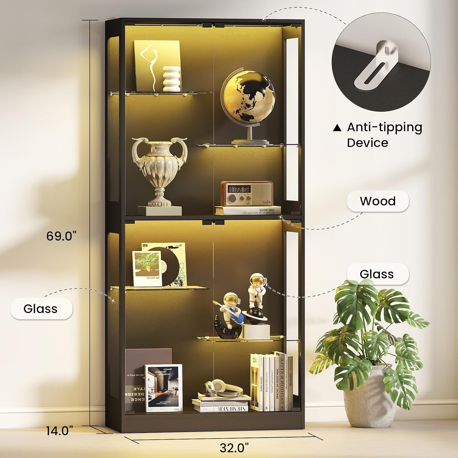 Lamtor 69-Inch Glass Display Cabinet - Curio Cabinet with RGB Lighting, Adjustable Shelves Display Case, for Game Room, Living Room, Bedroom, Black