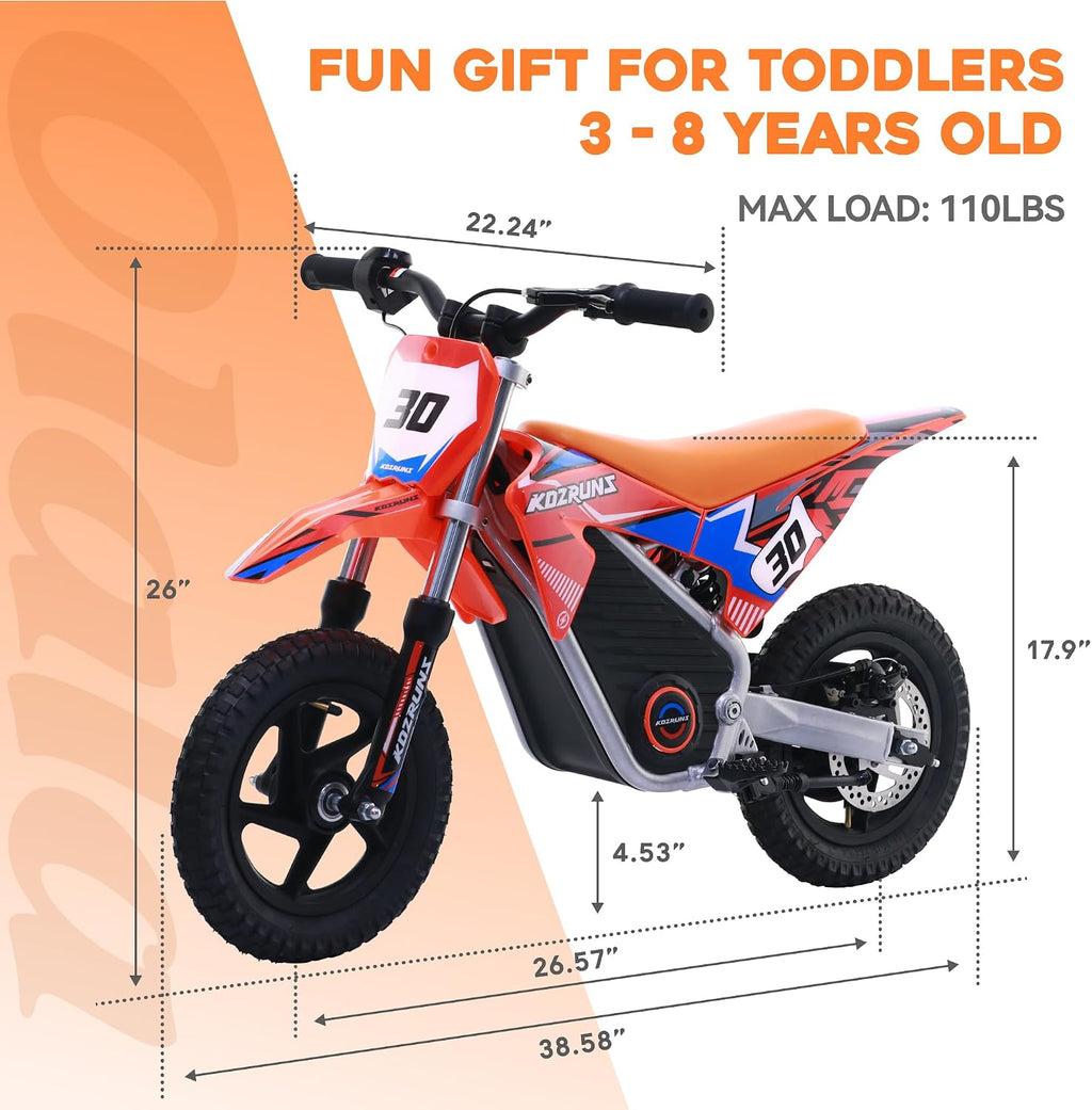 OLALA 36V Electric Dirt Bike for Kids 3-6, 250W Brushless Motor with 3-Speed Control, 15.5 MPH Max Speed, 12' Off-Road Tires Motorcycle, for Boys & Girls, Orange