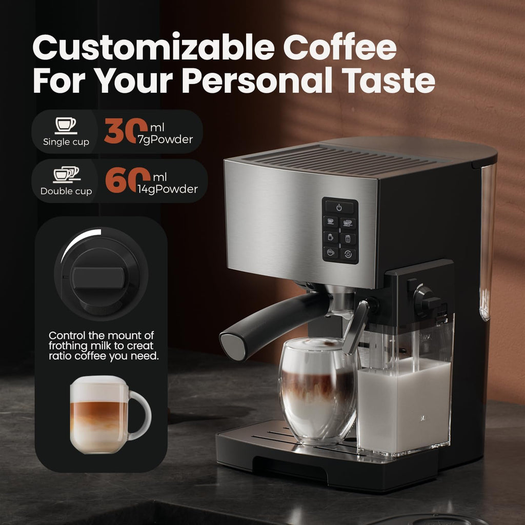 Espresso Machine 20 Bar - Espresso & Coffee Maker with Automatic Milk Frother, Cappuccino Machine, Latte Maker for Home, office, 1250W