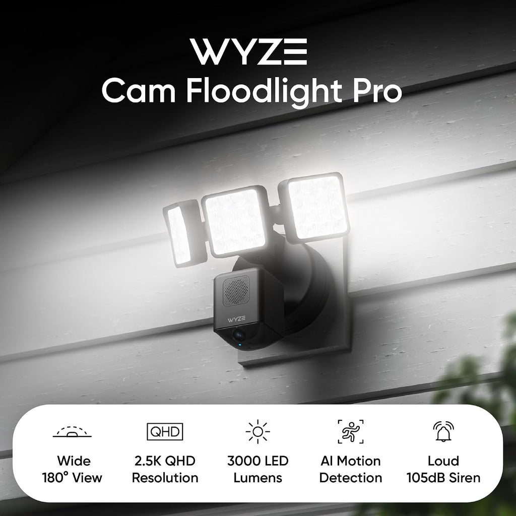 WYZE Floodlight Camera Pro, PCMag Editors' Choice 3000-Lumen LEDs, 2.5K HD Outdoor Security Camera, 180° Wide View, Color Night Vision, Works with Alexa & Google, Wired. Free Expert Setup