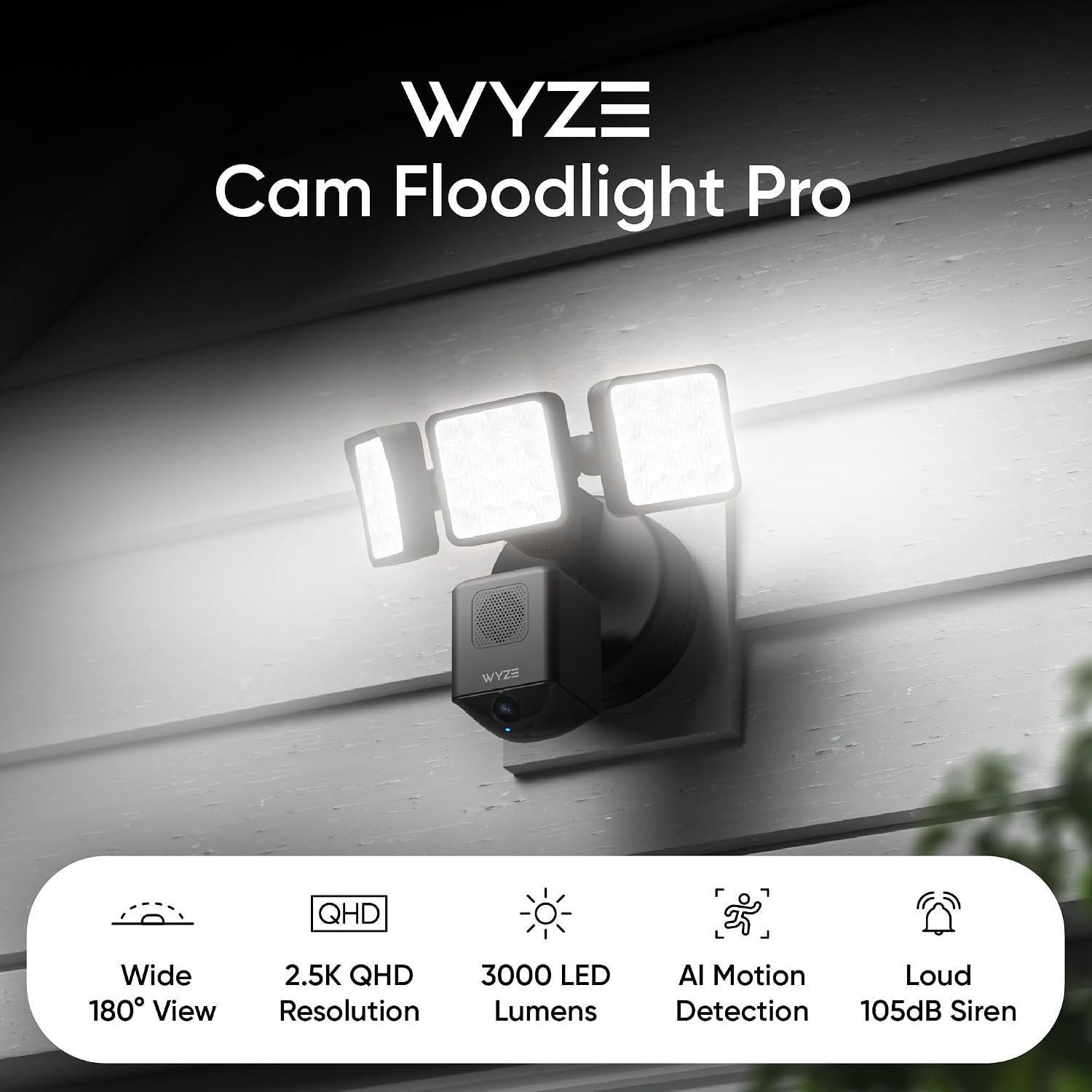 WYZE Floodlight Camera Pro, PCMag Editors' Choice 3000-Lumen LEDs, 2.5K HD Outdoor Security Camera, 180° Wide View, Color Night Vision, Works with Alexa & Google, Wired. Free Expert Setup