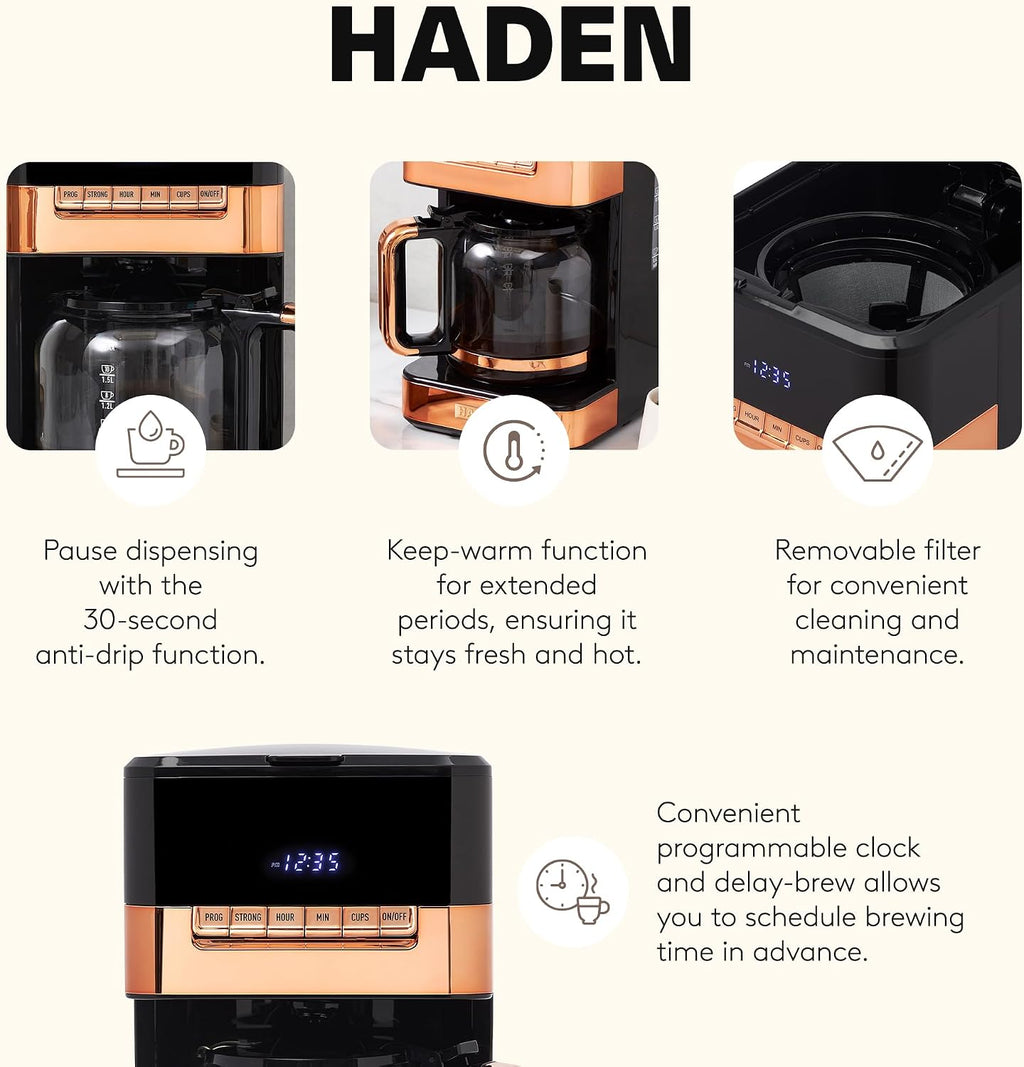 HADEN Quintessential 12 Cup Brew Coffee Maker, 120 Min Keep Warm, Delay Brew, Adjustable Strength, Programmable Clock, 30s Anti Drip, Black/Copper