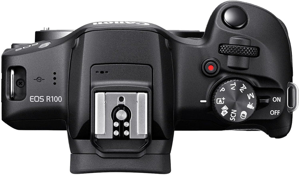 Canon EOS R100 Mirrorless Camera w/RF-S 18-45mm f/4.5-6.3 STM Lens + Wide Angle & Telephoto Lenses + 64GB Memory + 3pc Filter Kit + Case + Flash + Tripod