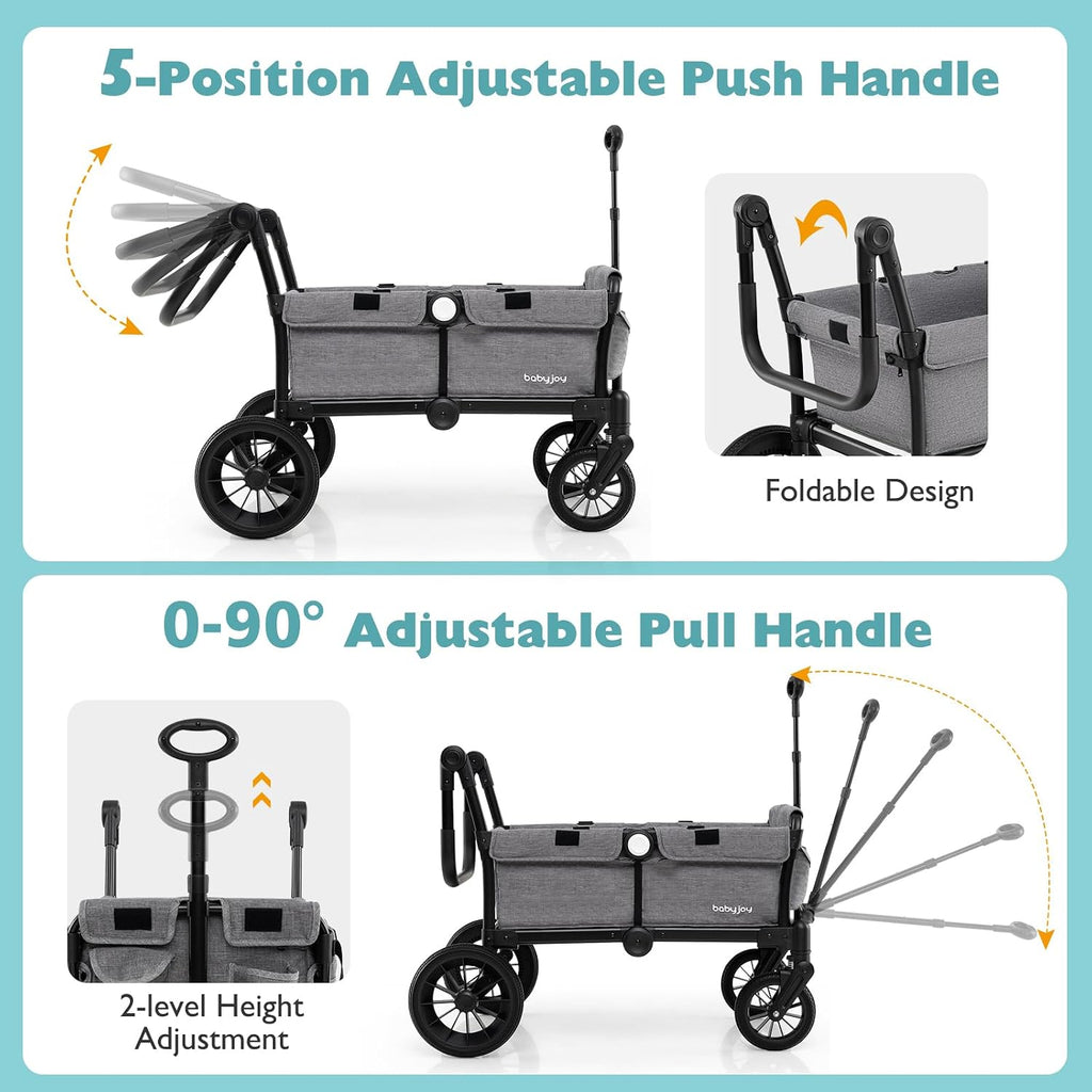 BABY JOY Wagon Stroller for 2 Kids, Collapsible Push Pull Double Stroller Wagon with Adjustable Handle Bar, Removable Canopy, Safety Harness, Cup Holder, Snack Tray & Storage Bag (Gray)