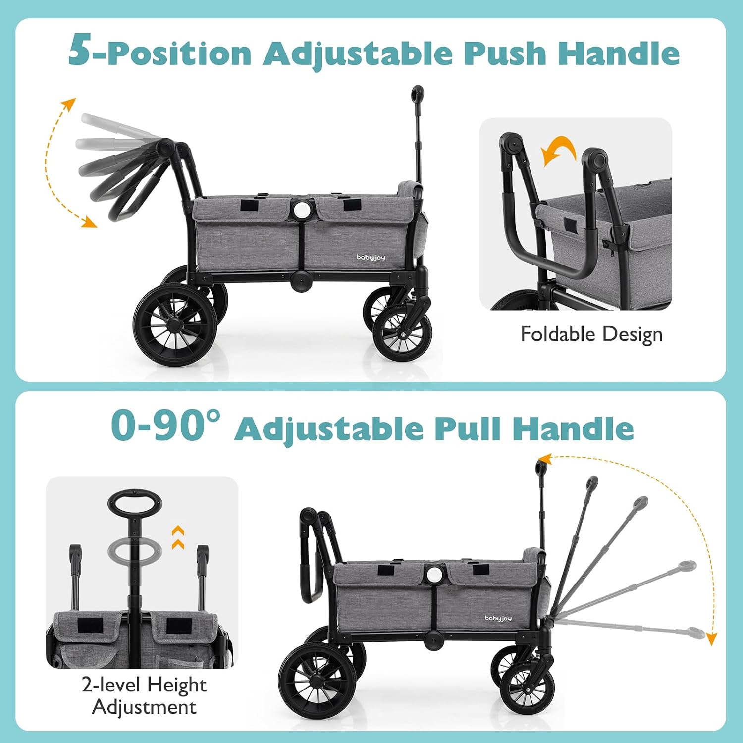 BABY JOY Wagon Stroller for 2 Kids, Collapsible Push Pull Double Stroller Wagon with Adjustable Handle Bar, Removable Canopy, Safety Harness, Cup Holder, Snack Tray & Storage Bag (Gray)
