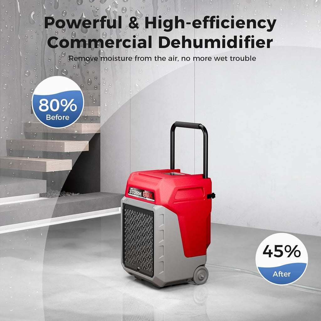 ALORAIR 170 PPD Commercial Dehumidifier with Pump & Drain Hose, LGR Industrial Use, Portable Dehumidifier with Wheels for Water Damage Restore, Carpet Drying, Storm 80X (Red)