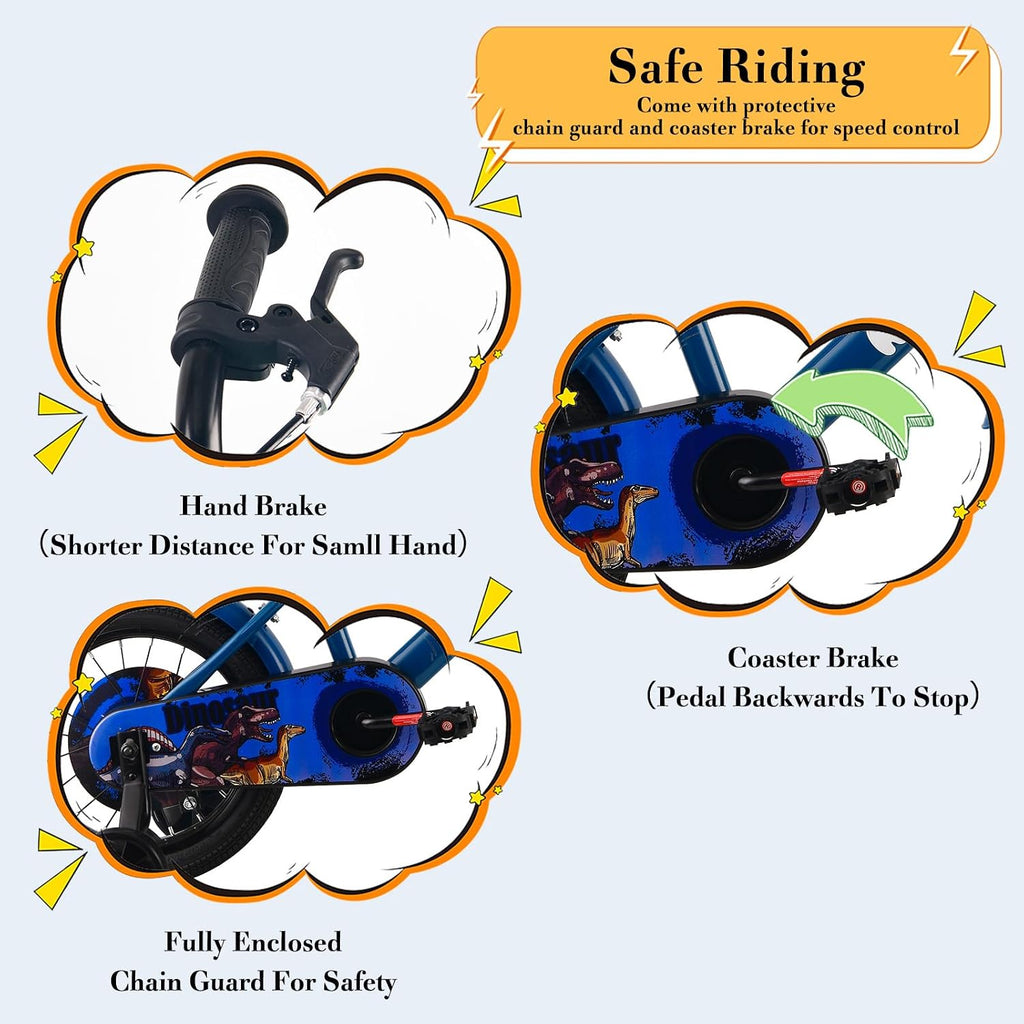RULLY Dinosaur Kids Bike for Ages 2-7 Years Old Boys, 12 14 16 Inch BMX Style Kid's Bikes with Training Wheels, Children Bicycle for Kids and Toddler, Multiple Colors
