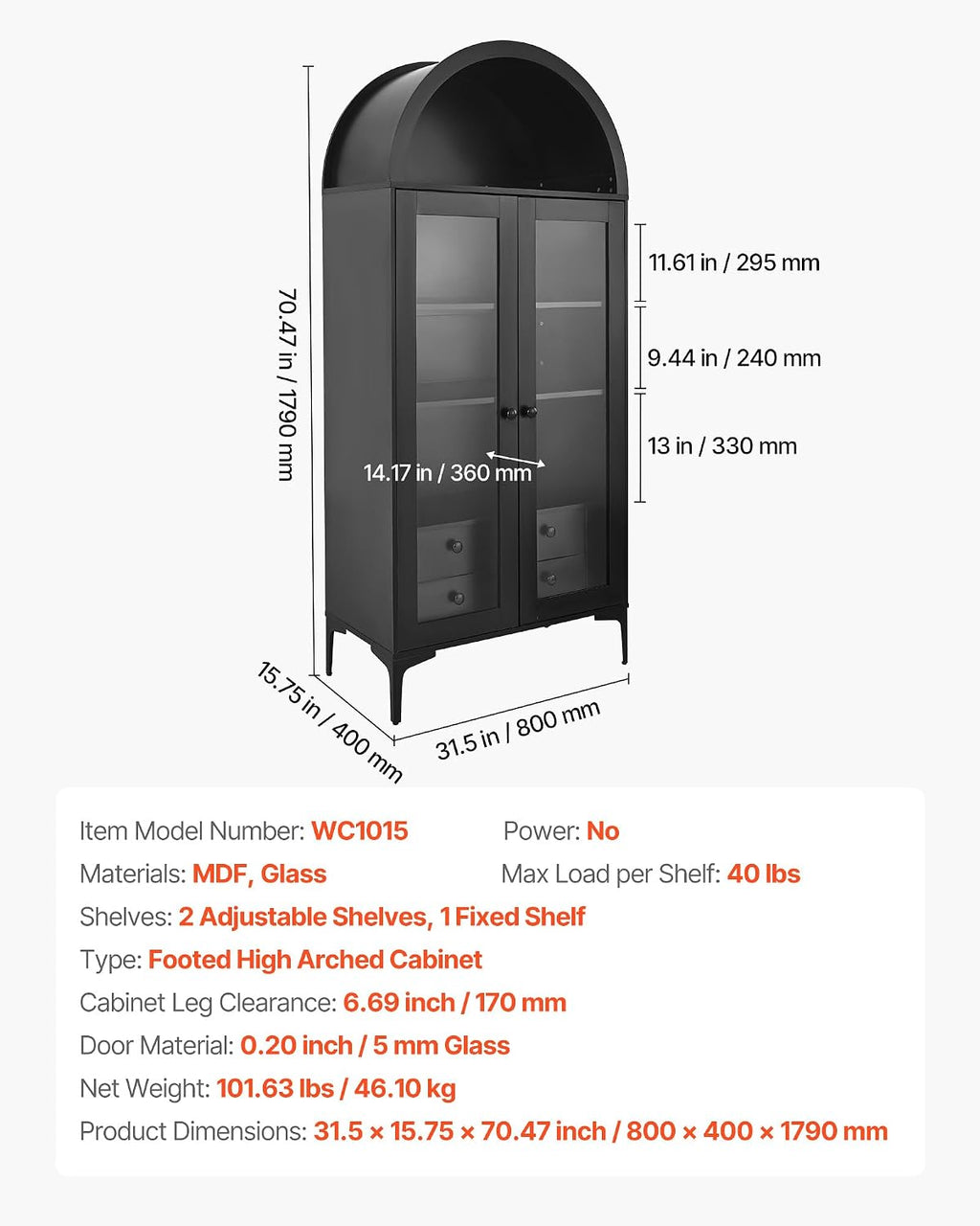 VEVOR Arched Kitchen Pantry Cabinet with Glass Doors, 70in Tall Curio Cabinet, 4-Tier Display Case with 2 Adjustable Shelves, Bookcase Bookshelf for Collectibles Storage Bedroom Living Room Office