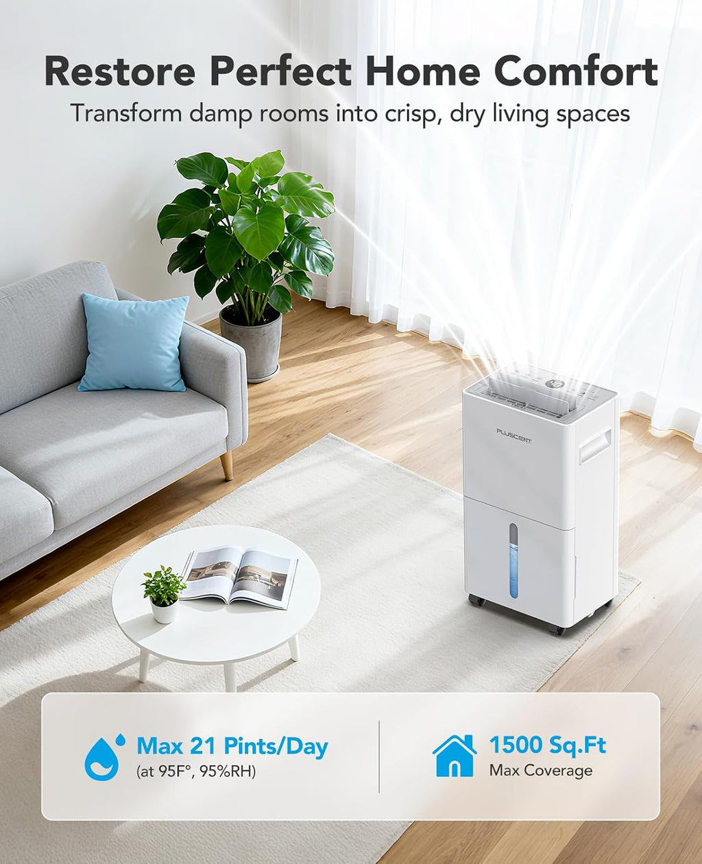 PLUSCENT 21 Pint Dehumidifier for Basement and Home, 1500 Sq Ft Portable Dehumidifier with Drain Hose, Quiet Smart Humidity Control for RV, Bedroom & Bathroom, Auto Defrost, 24H Timer