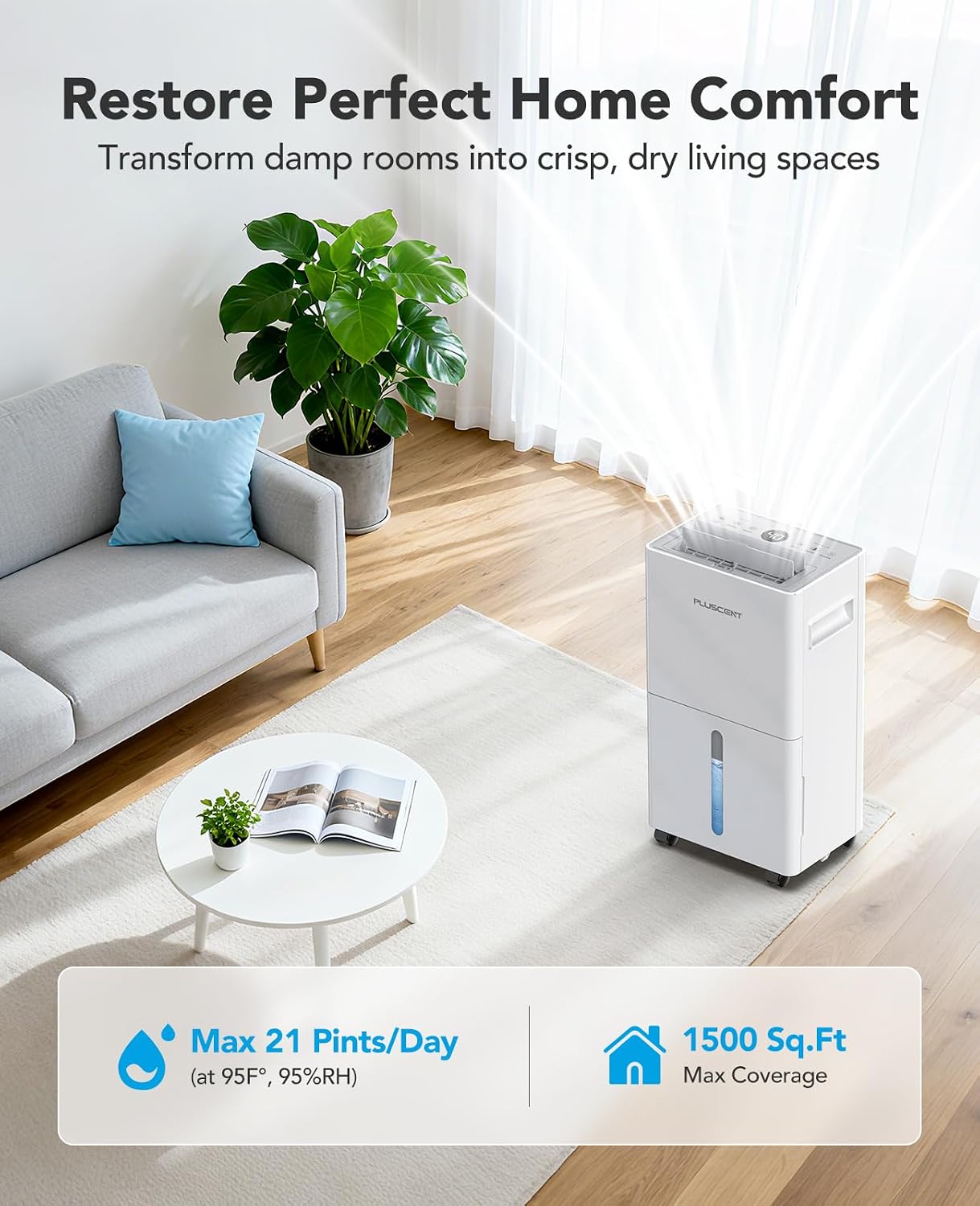 PLUSCENT 21 Pint Dehumidifier for Basement and Home, 1500 Sq Ft Portable Dehumidifier with Drain Hose, Quiet Smart Humidity Control for RV, Bedroom & Bathroom, Auto Defrost, 24H Timer