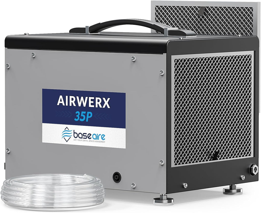 BaseAire Crawlspace Dehumidifier with Pump, Intelligent Dehumidifiers for Commercial, Basement, 70 pints, Compact, Auto Defrost, Memory Starting, Up to 1000 Sq Ft