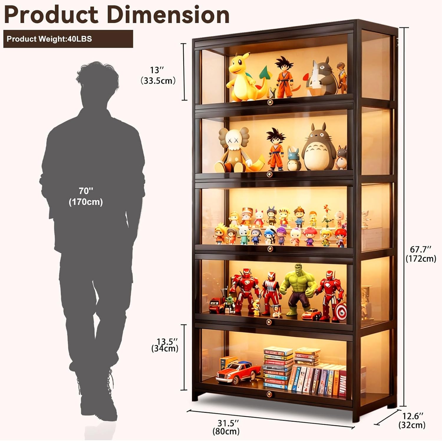 Display Cabinet with Acrylic Glass Doors 5-Tier Curio Cabinet - Collectibles Toy Organizers Rack & Display Shelf - Bookcase for Home Office Playroom Living Room Books Toys (Black)