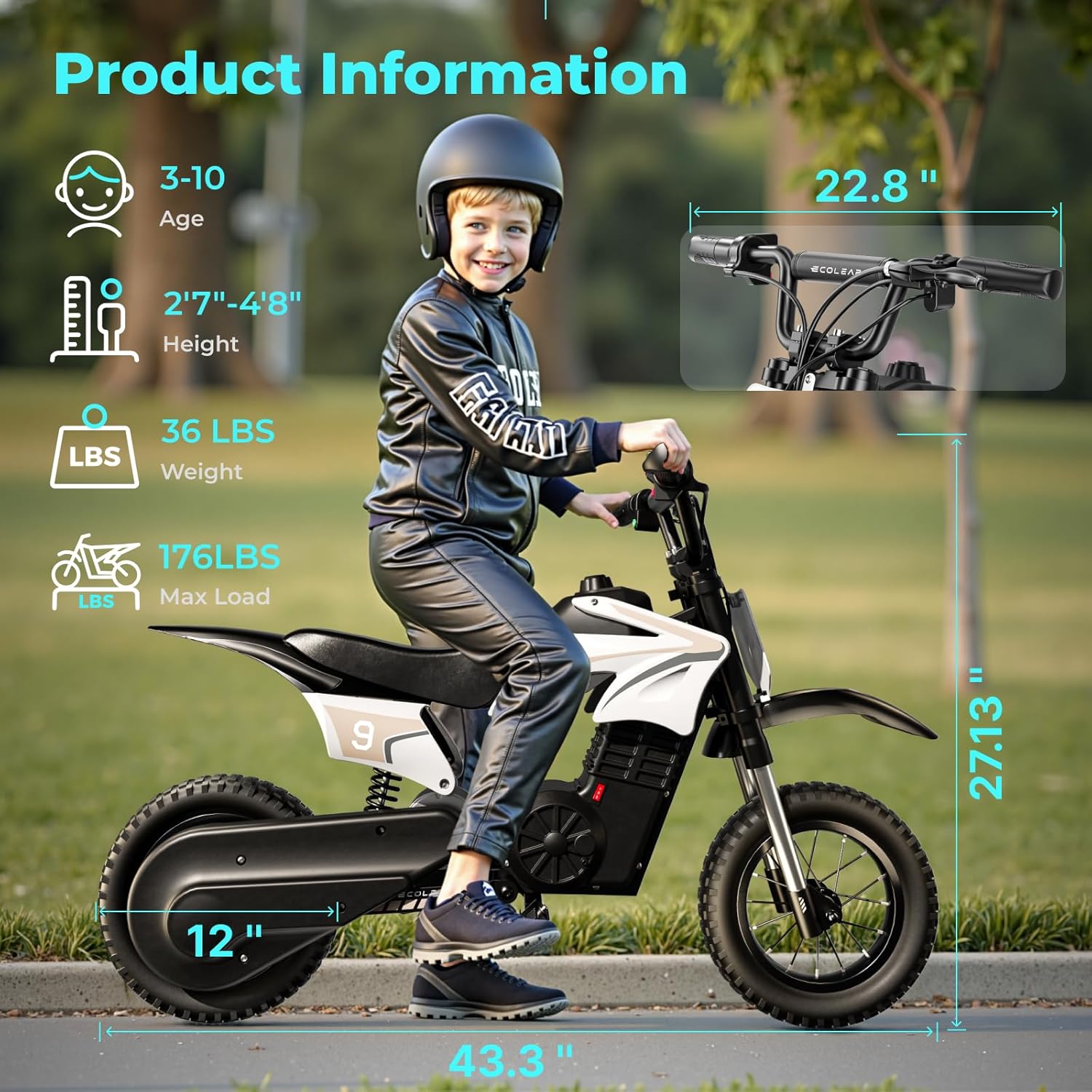 ECOLEAP K1 Kids Electric Dirt Bike 36V Motorcycle,16MPH Fast Speed 14 Mile Long-Range,700W Peak 3-Speed Modes Electric Bike for Kids Ages 3-10