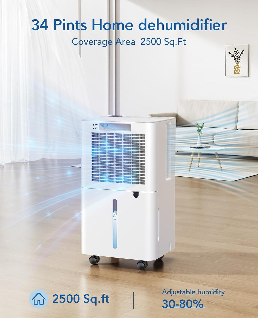 2500 Sq.Ft Dehumidifier for Basement with Drain Hose Max 34 Pints, Dehumidifiers for Home Large Room Bathroom Bedroom, 3 Modes, Smart Humidity Control, Auto Defrost, 24H Timer, Sleep Mode