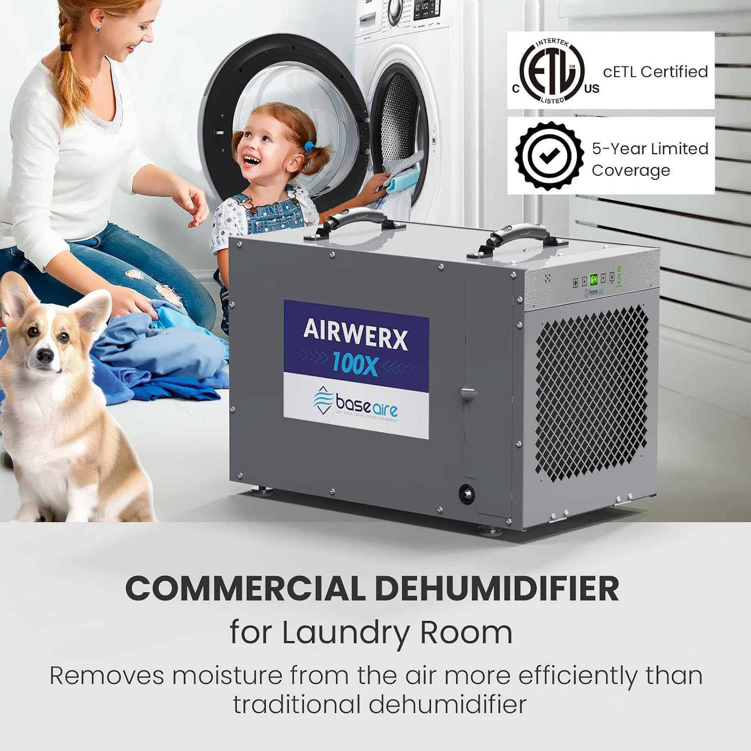 BaseAire 220 Pints Crawlspace Dehumidifiers with Pump and Drain Hose, Commercial Dehumidifier for Home,Garage and Basement, Large Capacity, Compact, Auto Defrost, Intelligent Control, Up to 2900 Sq Ft
