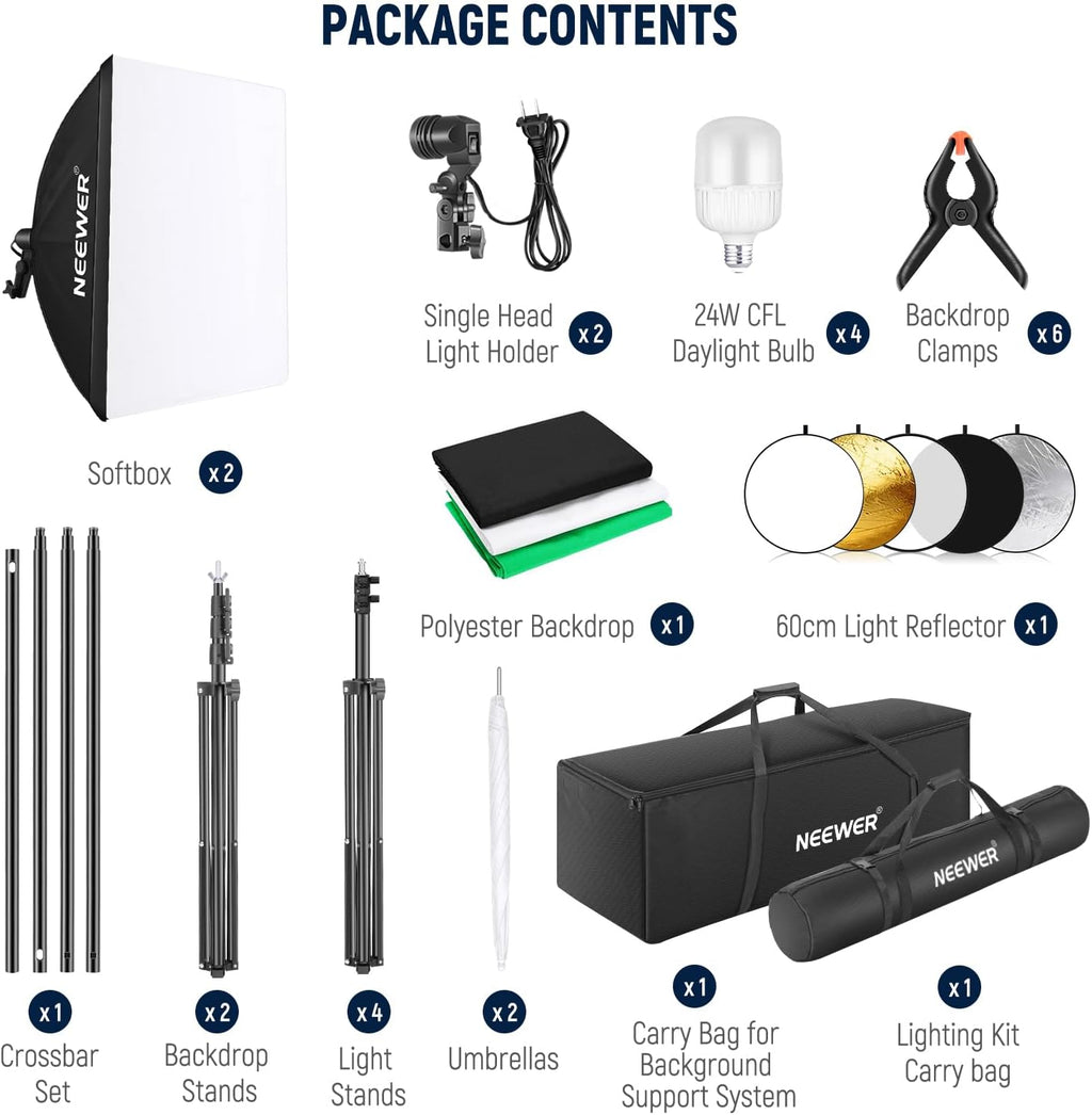 NEEWER Photography Lighting Kit with Backdrops,8.5x10ft Backdrop Stands,5700K 800W Equivalent 24W LED Umbrella Softbox Continuous Lighting,60cm Light Reflector, Photo Studio Equipment for Video Shoot