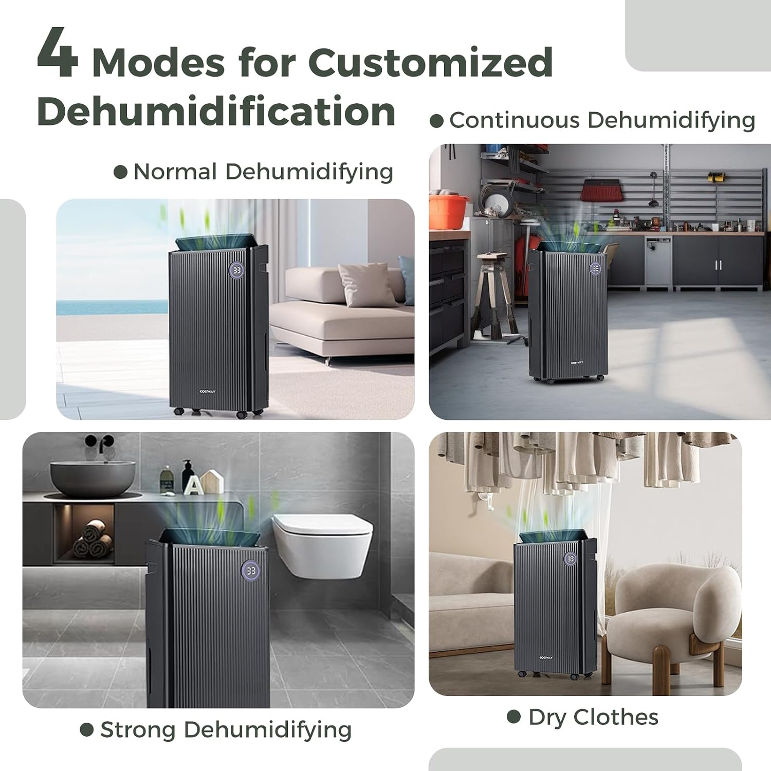 COSTWAY 4,500 Sq. Ft Dehumidifier for Basement, 3-Color Humidity Indicator, Dry Clothes Mode, 12' Drain Hose & Wheels, 57 Pints Dehumidifier for Large Room (Black)
