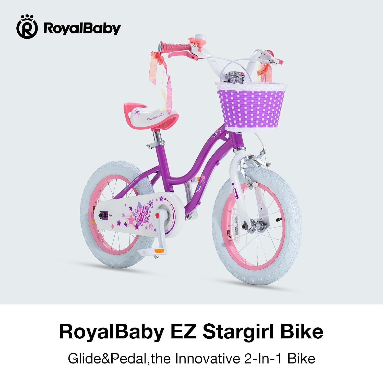 RoyalBaby Girls Bike, Stargirl EZ Kids Bike Balance and Pedal Bicycle with Basket and Dual Handbrake, 12 14 16 18 Inch Toddlers to Big Kids 3-8 Years, Multiple Colors