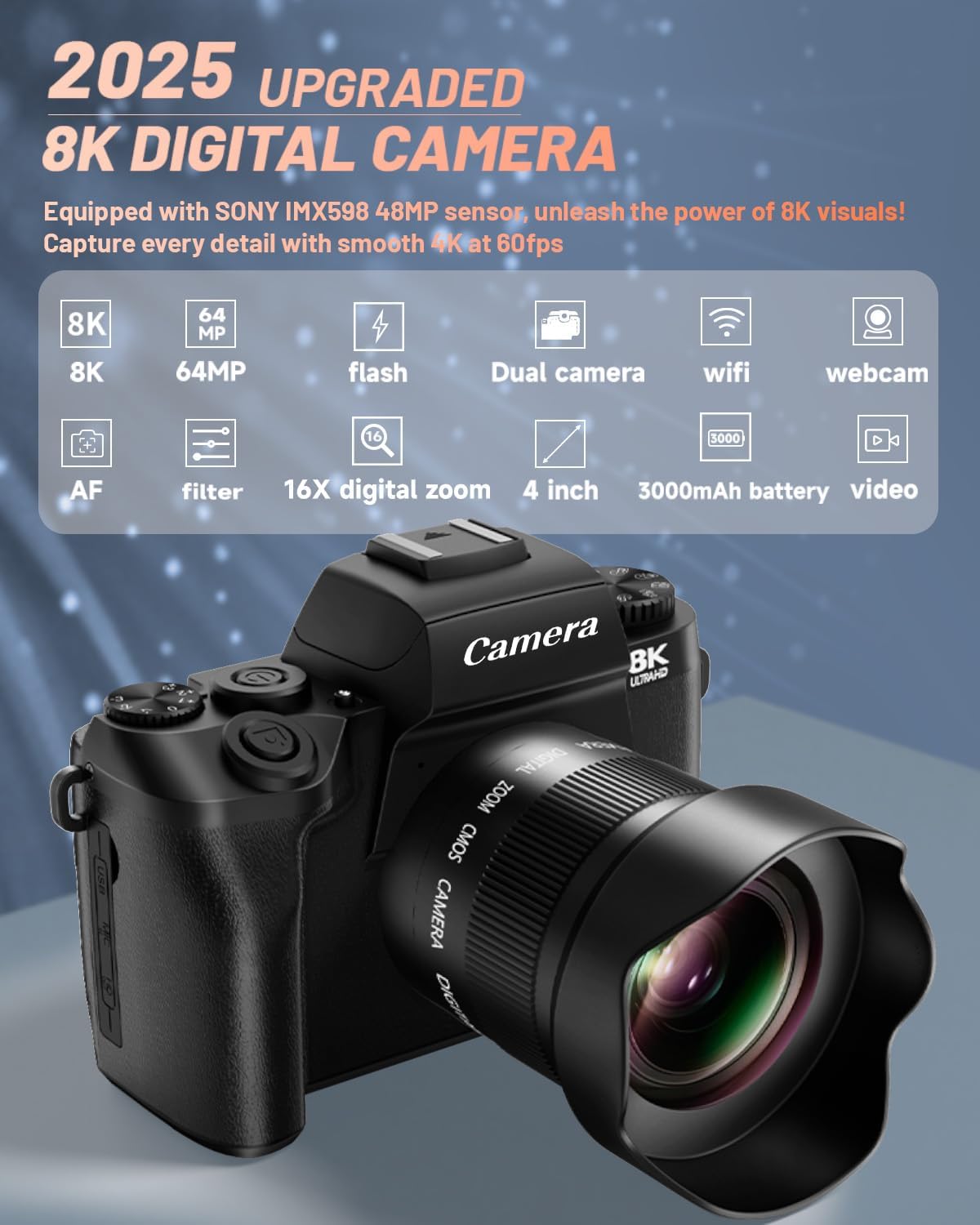 8K Digital Camera for Photography, Vlogging Camera for YouTube with Autofocus, 4 Inch Touchscreen 16X Digital Zoom Video Camera with 3000mAh Battery, Dual-Lens, Lens Hood, 32GB TF Card and Flash,Black