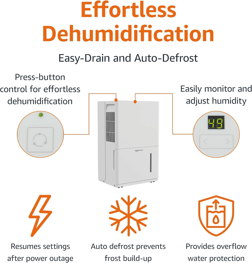 Amazon Basics 35-Pint Large Dehumidifier for Home, Humidity Control, Auto-Defrost, Timer, Overflow Protection, for Rooms up to 2500 SFT, White