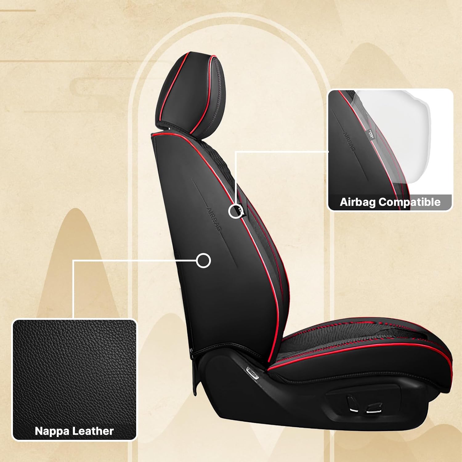 Fit for Ford Explorer 2000-2026 Seat Covers, Fashion Sport Seat Cover with Waterproof Leather, Airbag Safe Design Seat Protector (2 Front Seat Standard, Black Red)