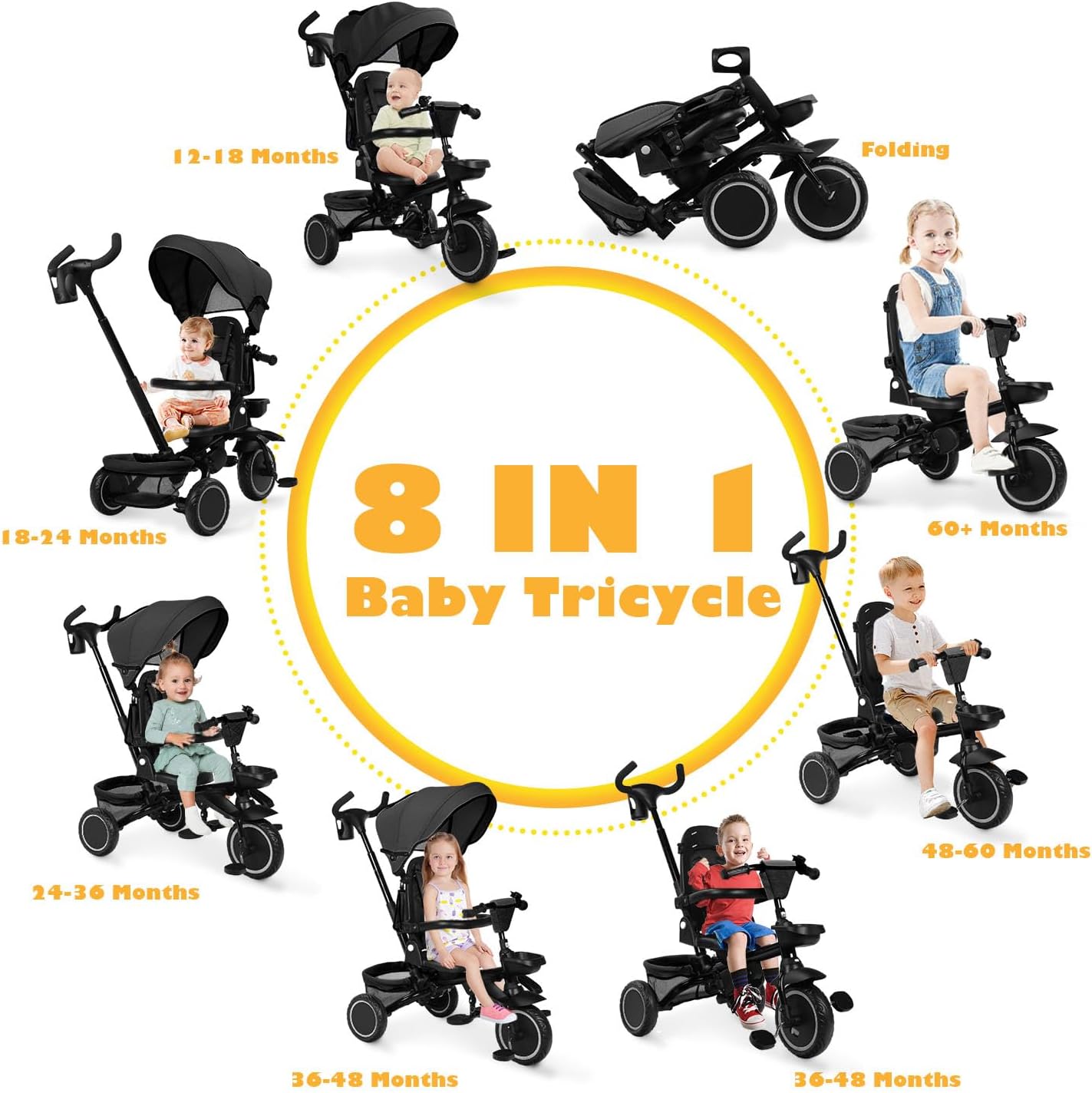 TODEFULL Folding Kids Tricycle, 8 in 1 Toddler Trike W/Removable & Adjustable Canopy, Parent Handle, 5-Piont Harness, Toddler Bike Tricycle for Kids 1-6 Years, EVA Wheels, Storage Basket, Black