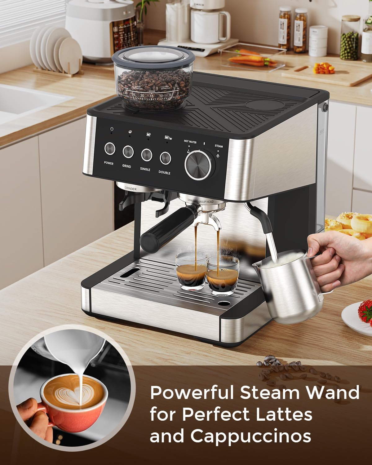 Electactic Espresso Machine 15 Bar with Built-in Anti-Clog Coffee Grinder,Stainless Steel Coffee Maker with 77.8 oz Removable Water Tank for Cappuccino/Latte,Home&Office,Black
