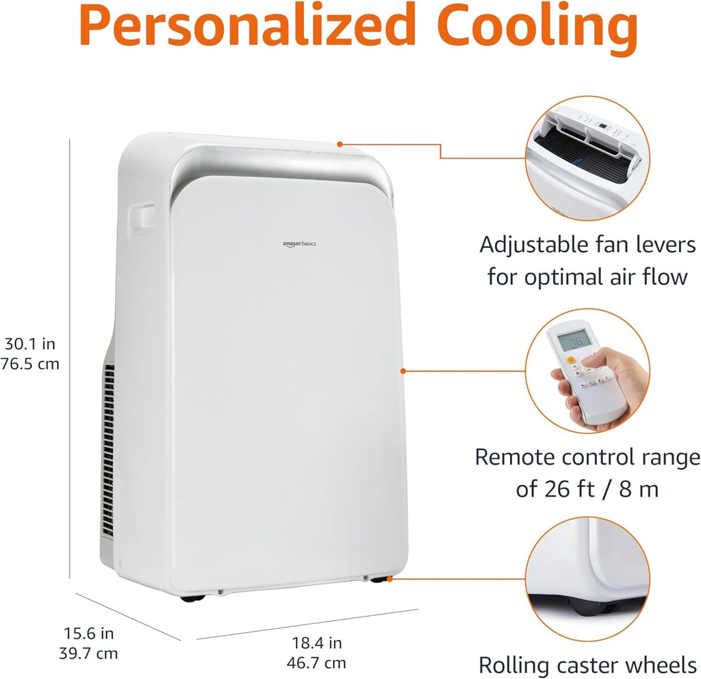 Amazon Basics 4-In-1 Portable Air Conditioner with Remote, Timer, Sleep Mode, Auto Swing, Cool/Heat/Dry/Fan-Only Functions, 13500 BTU (ASHRAE), Cools Up to 550 Sqf, Energy Saving, White