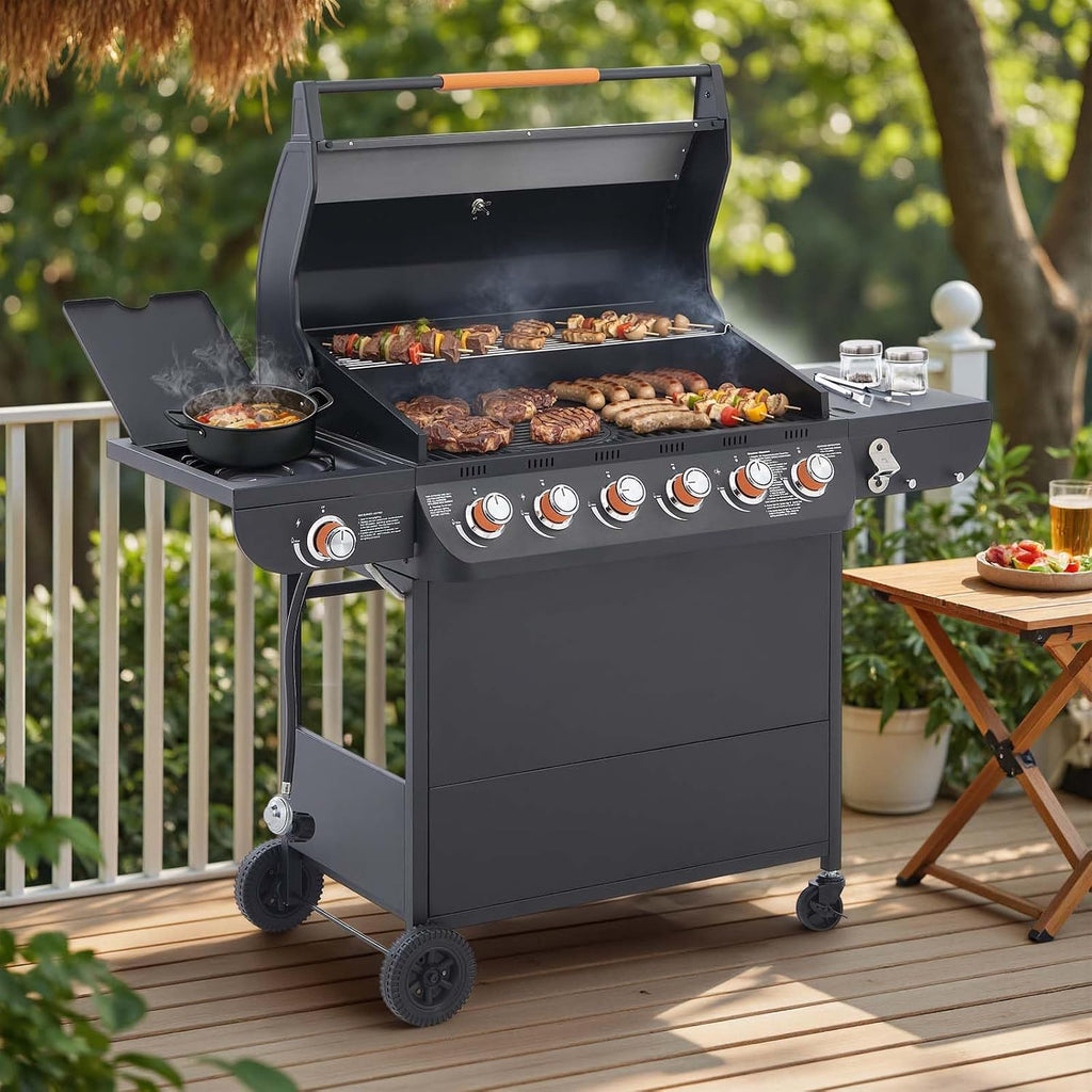 6-Burner Propane Gas BBQ Grill with Side Burner, 72,000 BTU Stainless Steel Barbecue Grill with Cast Iron Grates and Side Table for Outdoor Cooking Kitchen Patio