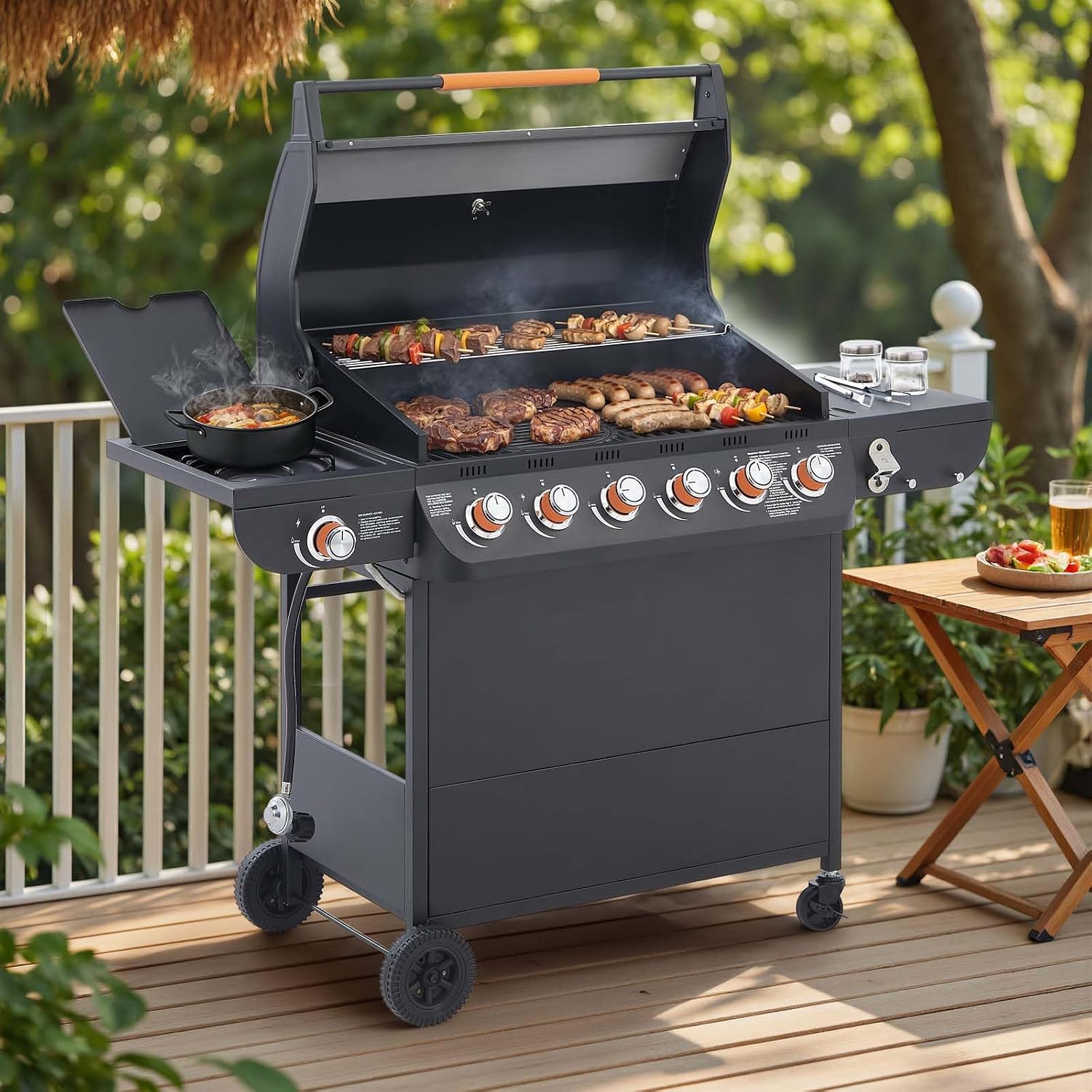 6-Burner Propane Gas BBQ Grill with Side Burner, 72,000 BTU Stainless Steel Barbecue Grill with Cast Iron Grates and Side Table for Outdoor Cooking Kitchen Patio
