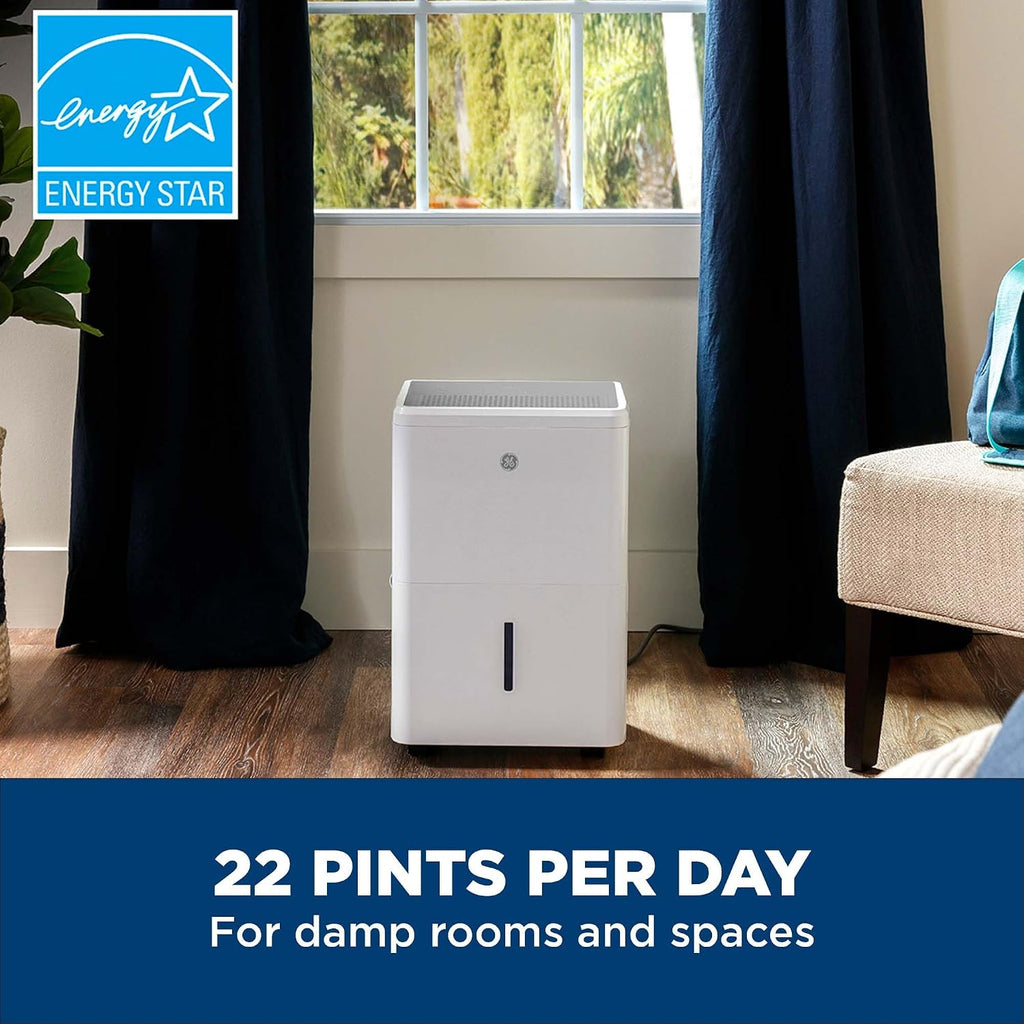 GE Energy Star Portable Dehumidifier for Basement, Bedroom, Bathroom, Closet or Small Rooms up to 1500 Sq Ft, 22 Pint with Removable Bucket and Continuous Drain Connect for Auto or Manual Drainage