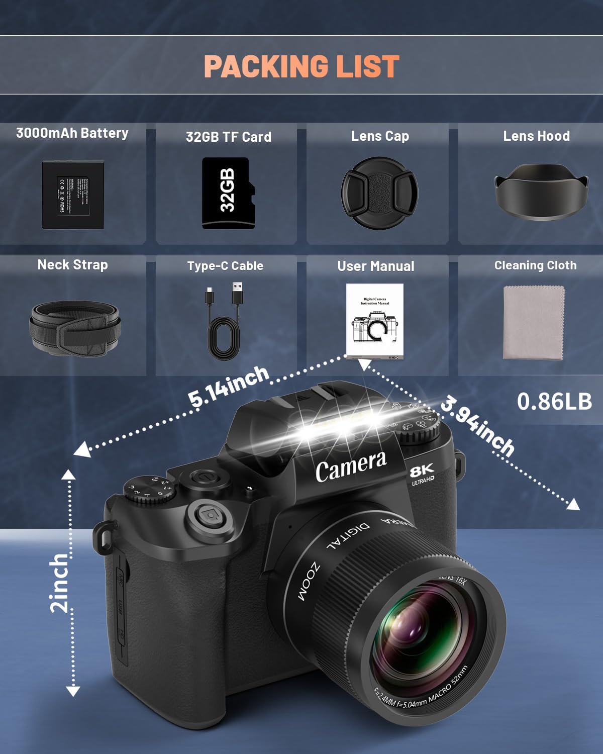 8K Digital Camera for Beginner, Vloggin Camera for YouTube, Autofocus, WiFi, 4 Inch Touchscreen, 16X Digital Zoom, 3000mAh Battery, Dual-Lens, Lens Hood, 32GB TF Card and Flash,Black
