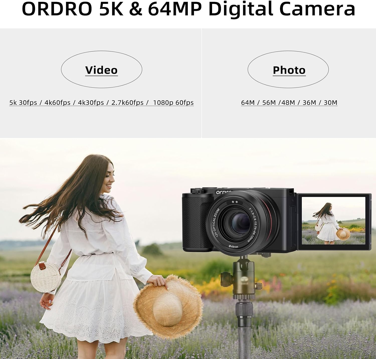 Ordro 5K Digital Camera for Photography, 5K 64MP 12X Optical Zoom YouTube Vlogging Camera with Autofocus & Manual Focus, Travel Camera Content Creator with Control, 64G Card, 2 Batteries
