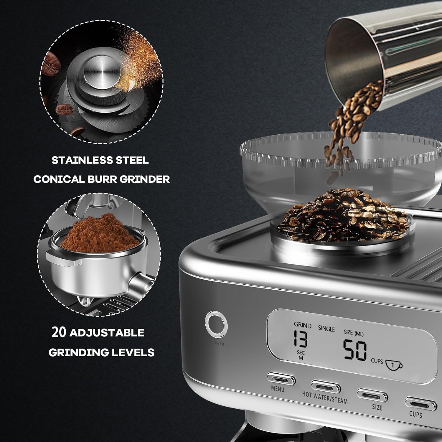 Garvee Espresso Machine Built-In Grinder, High Power Milk Frother, Digital LCD, Stainless Steel (Single/Double Brew)