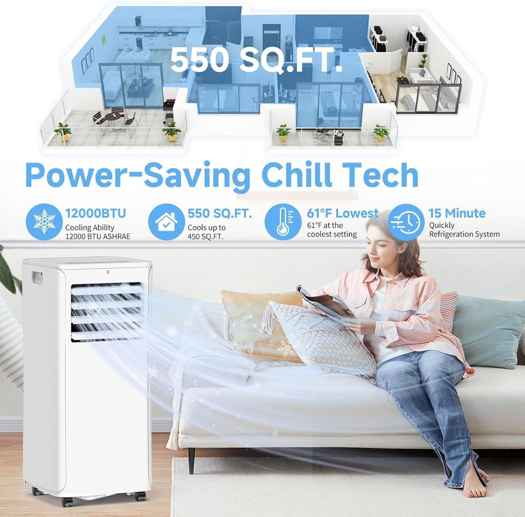 Smart Portable Air Conditioner with WiFi, 12,000 BTU AC Unit Cools 550 sq.ft, 3-in-1: Dehumidifier, Fan & Quiet Cooling for Bedroom, 24H Timer, Remote, Window Kit Included