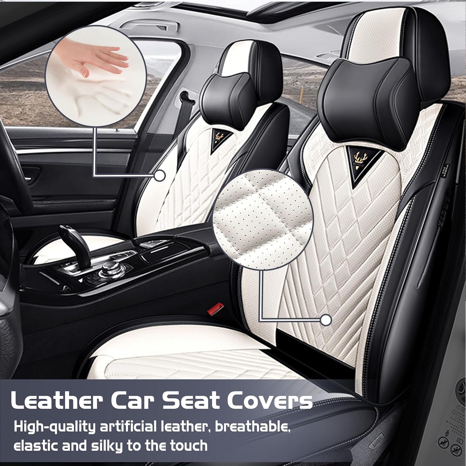 Car Seat Covers for Chevy Suburban 2000-2026, Waterproof Nappa Leather Full Set Seat Cover with Headrests, Anti-Slip and Comfortable Automotive Seat Protector&Accessories(Black White)