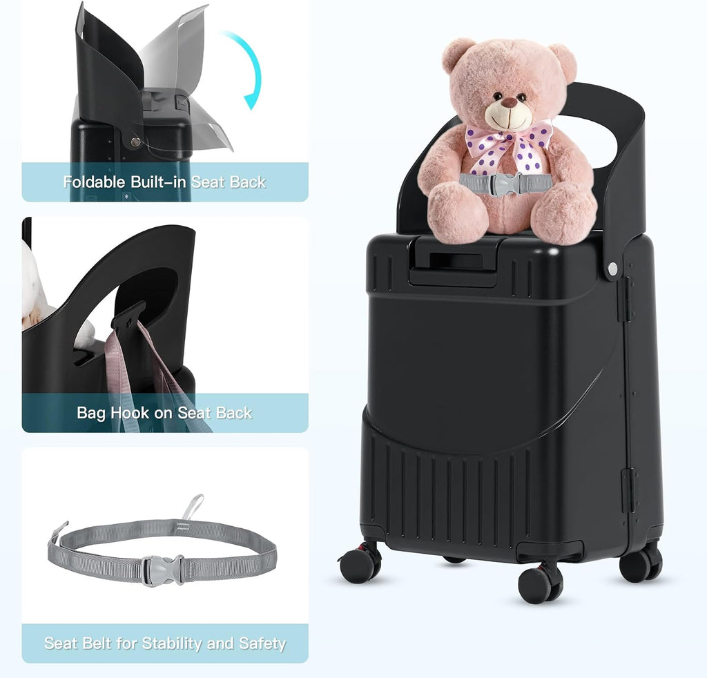 smilesun 20' Carry On Luggage with Seat For Kids & Adults，Hardside Ride On Suitcase Front Opening with 360°Spinner and TSA Lock For Travel (Black with Front Open, 20')