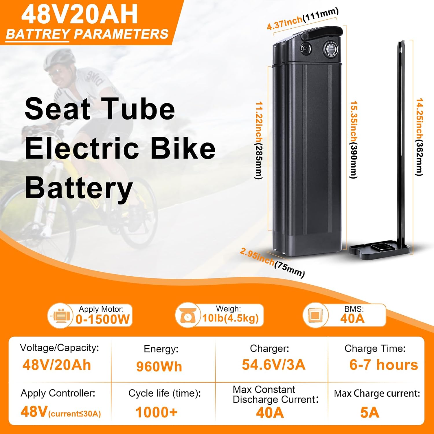 48V E-Bike Battery, Silver Fish Lithium Batteries 40A BMS, Safe Lock, Led Indicator Light for Controller 0W-1500W Motors (48V 20AH 0-1500W)