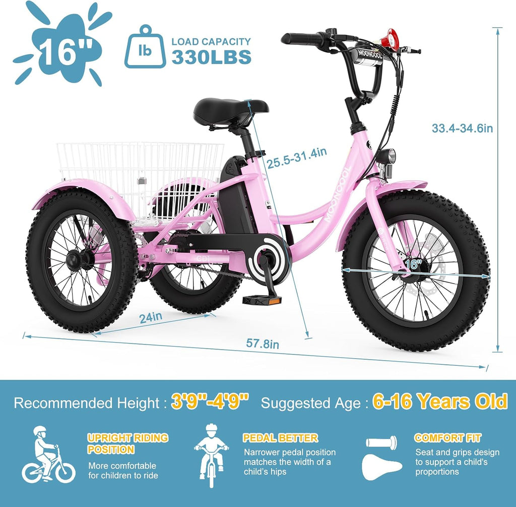 16 Inch Kids Electric Tricycle, 250W 24V Fat Tire Electric Trike, 3 Wheels Electric Bike Cruiser Bicycle, Aluminum Frame Motored Trike with Adjustable Seat and Removable Battery, Pink