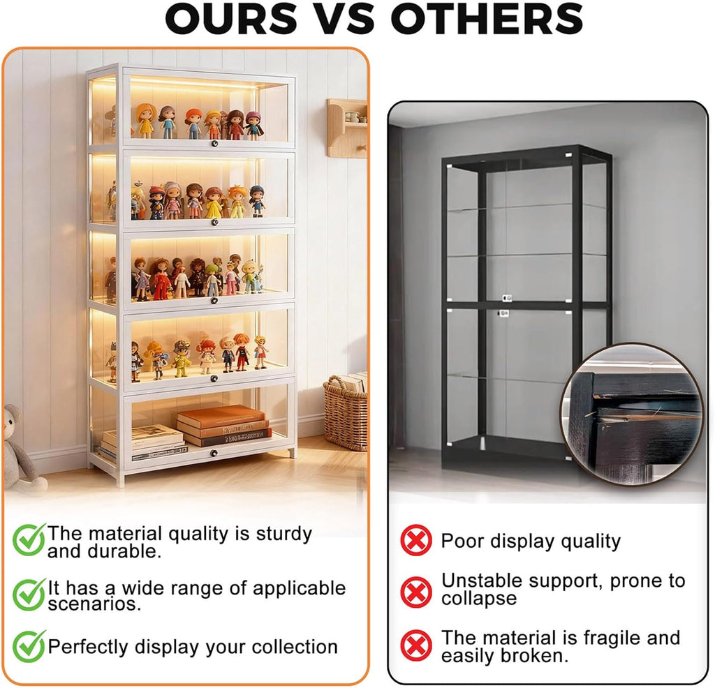 Display Cabinet with Acrylic Glass Doors 5-Tier Curio Cabinet - Collectibles Toy Organizers Rack & Display Shelf - Bookcase for Home Office Playroom Living Room Books Toys (White)