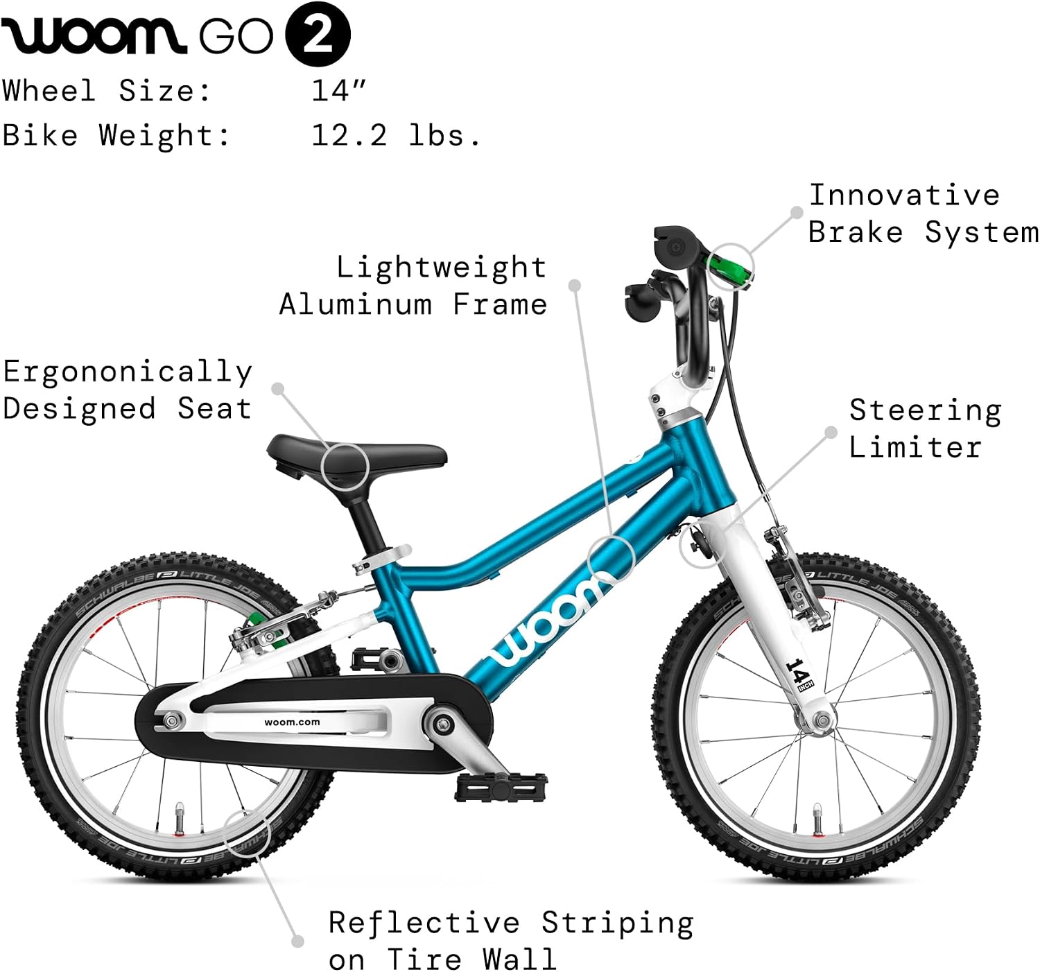 woom GO 2 Bicycle for Children 3 to 4.5 Years Old, 14-Inch Lightweight Bike with Handbrake, Steering Limiter & Chainguard for Boys & Girls