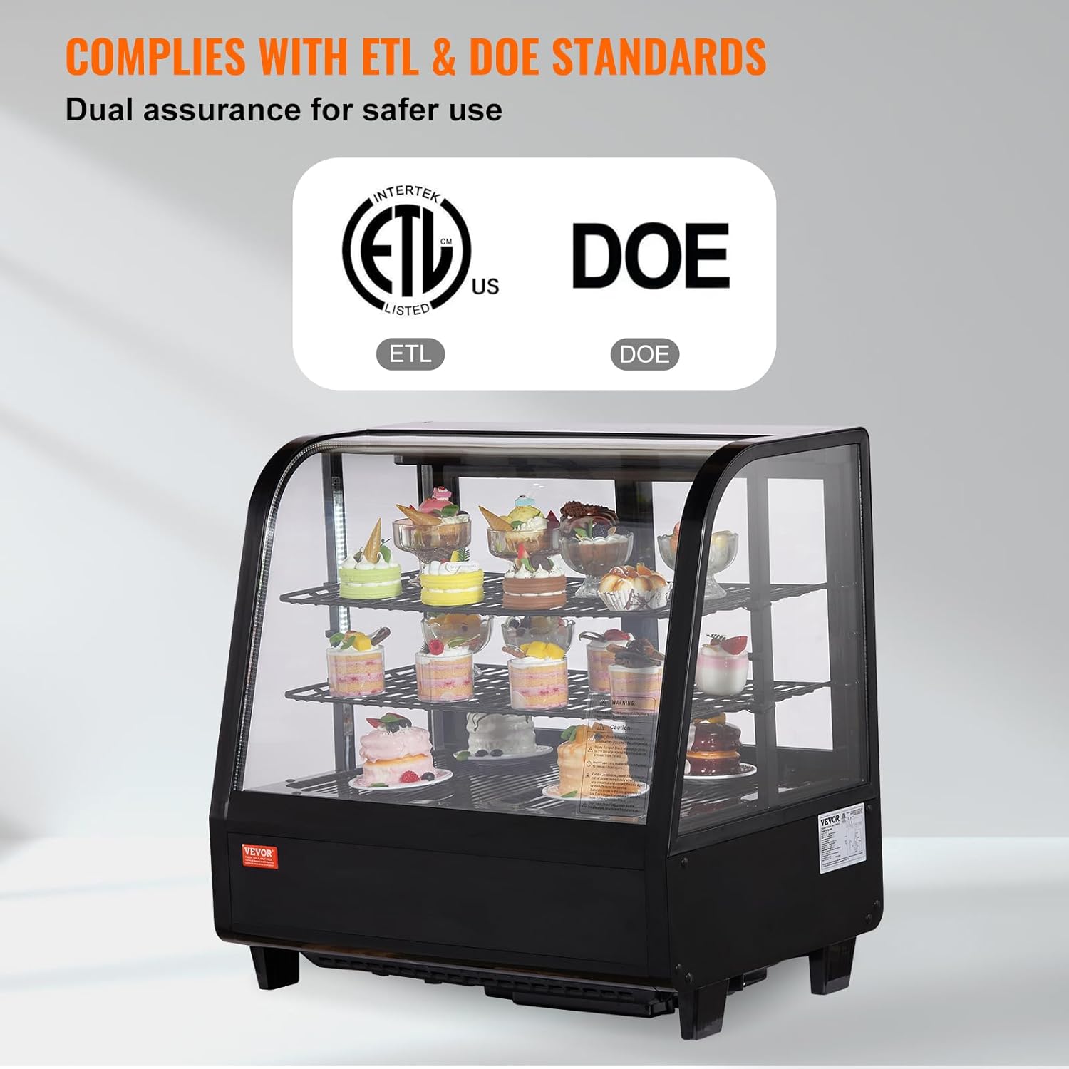 VEVOR 3.5 Cu.Ft Countertop Pastry Case ETL NSF DOE Certified Commercial Display Refrigerator with LED Lighting, Turbo, Frost-Free Air-Cooling, Rear Sliding Door, Curved, Black