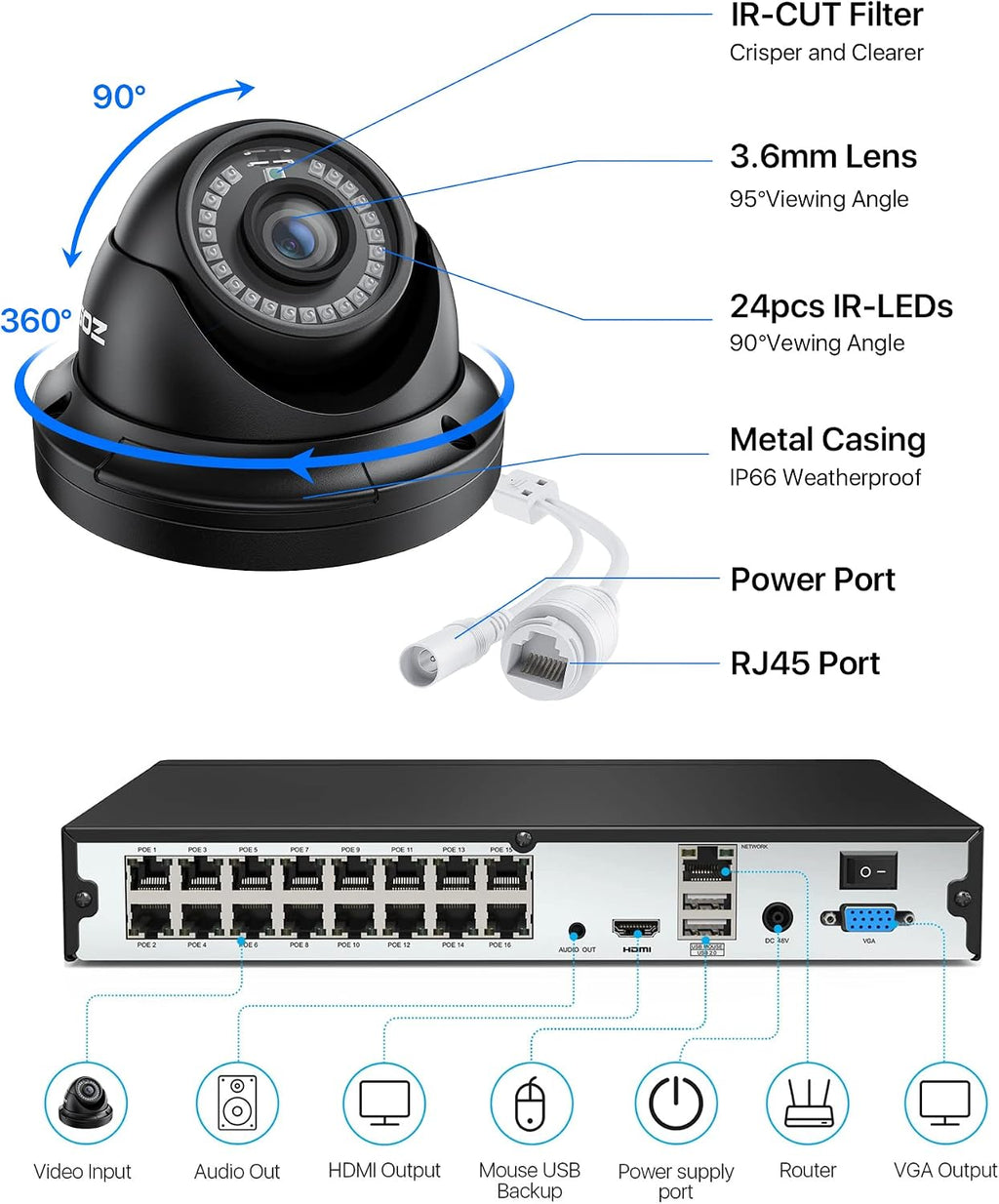 ZOSI H.265+ 4K 16CH PoE Security Camera System, 16 X Wired 5MP (3K) Dome PoE IP Cameras Outdoor Indoor, 16CH NVR with 4TB HDD for 24/7 Recording, 80ft Night Vision, Motion Detection, Remote Access